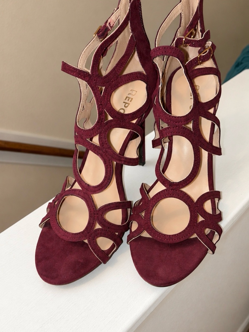 Report Burgundy Suede Circular Cutout Heels